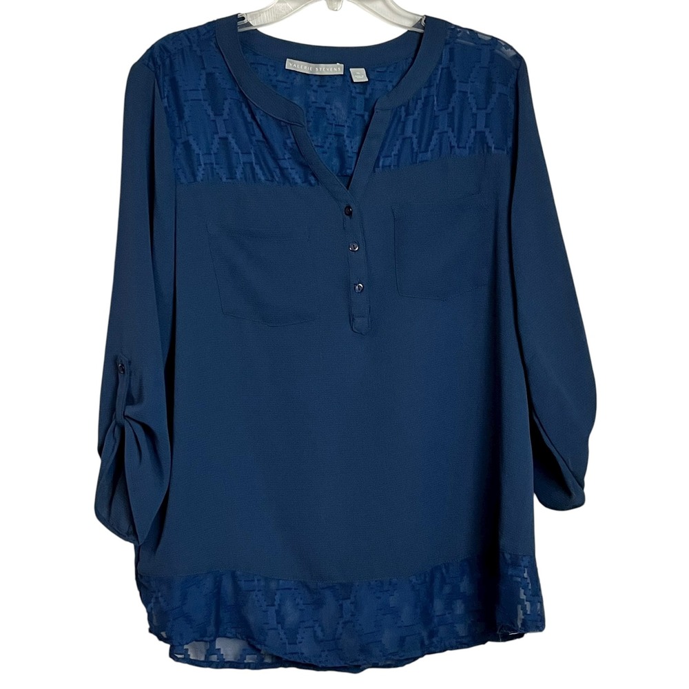 Valerie Stevens XL Blue‎ Blouse Roll Tab Long Sleeve Top Casual Career (3044)